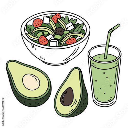 Fresh avocado salad and green smoothie with fruit strawberries feta cheese
