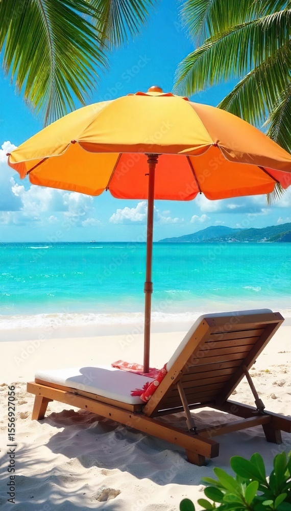 Obraz premium Relaxing Under a Vibrant Beach Umbrella on a Sunny Tropical Day Perfect Summer Vacation Imagery for Travel Brochures and Websites