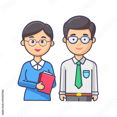 Smiling cartoon teachers with book and glasses male female