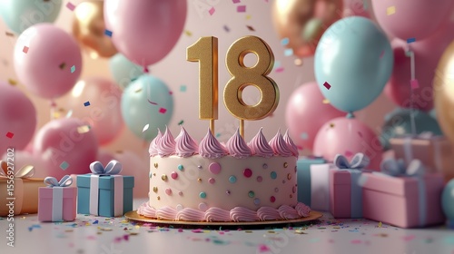Eighteenth Birthday Celebration with Cake Balloons and Gifts in Pastel Colors