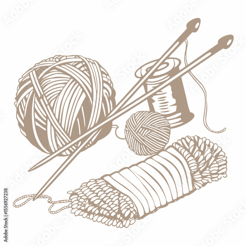 Knitting supplies yarn needles thread spool cozy craft vector