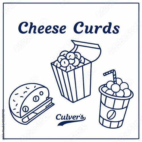 Cheese curds in container and cup with straw food drink
