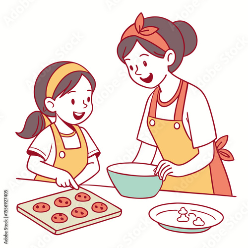 Mother and daughter baking cookies together in kitchen vector