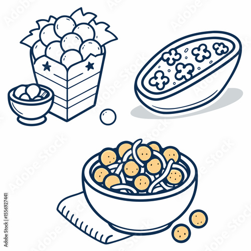 Cheese curds and popcorn icons food icons navy blue outline