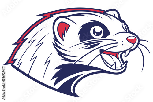 Ferret head showcases a fierce grin, rendered in navy, red, and white hues