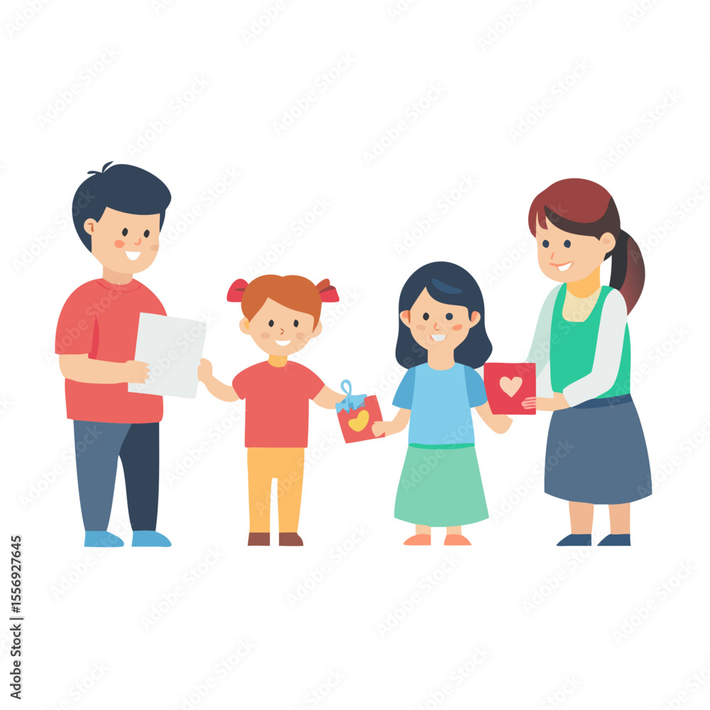 Family receiving handmade cards with hearts children giving Family receiving handmade cards with hearts children giving
