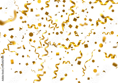 Golden metallic confetti and shimmering streamers falling dynamically against a pristine transparent background with copy space, shallow depth of field, motion blur, studio lighting. Festive and
