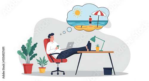 An office worker escapes stress by daydreaming of a beach vacation. A clean vector showing the need for work-life balance and holiday leave. Set for remote work burnout, Remote work stress, lifestyle