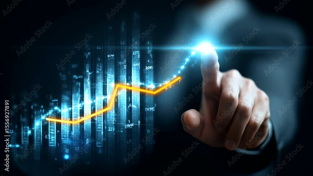 Projected financial growth chart with finger touch Projected financial growth chart with finger touch