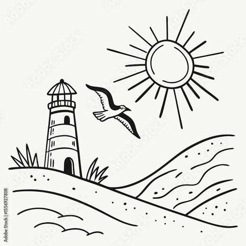Lighthouse sun and seagull on sandy beach ocean