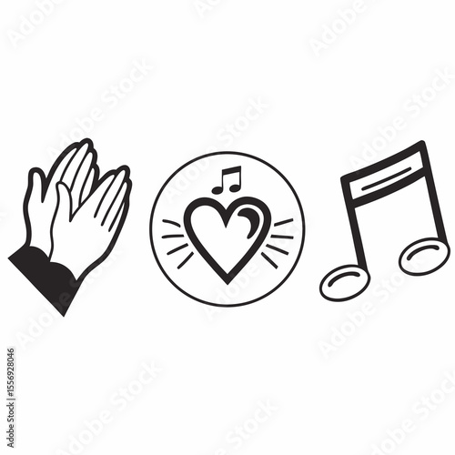 Clapping hands heart music note icons symbol black and white