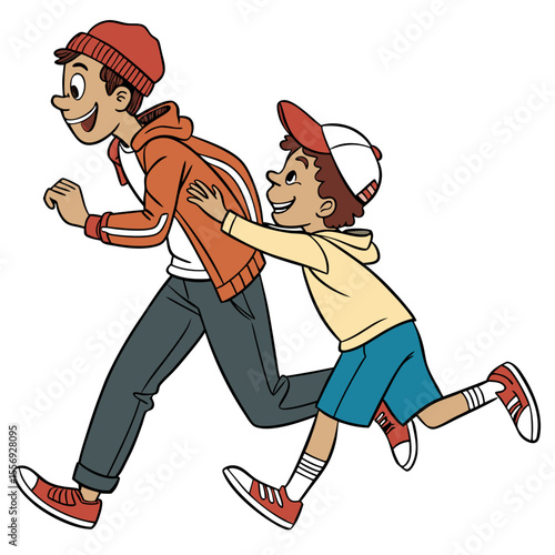 Two happy cartoon boys running and playing together brothers chasing