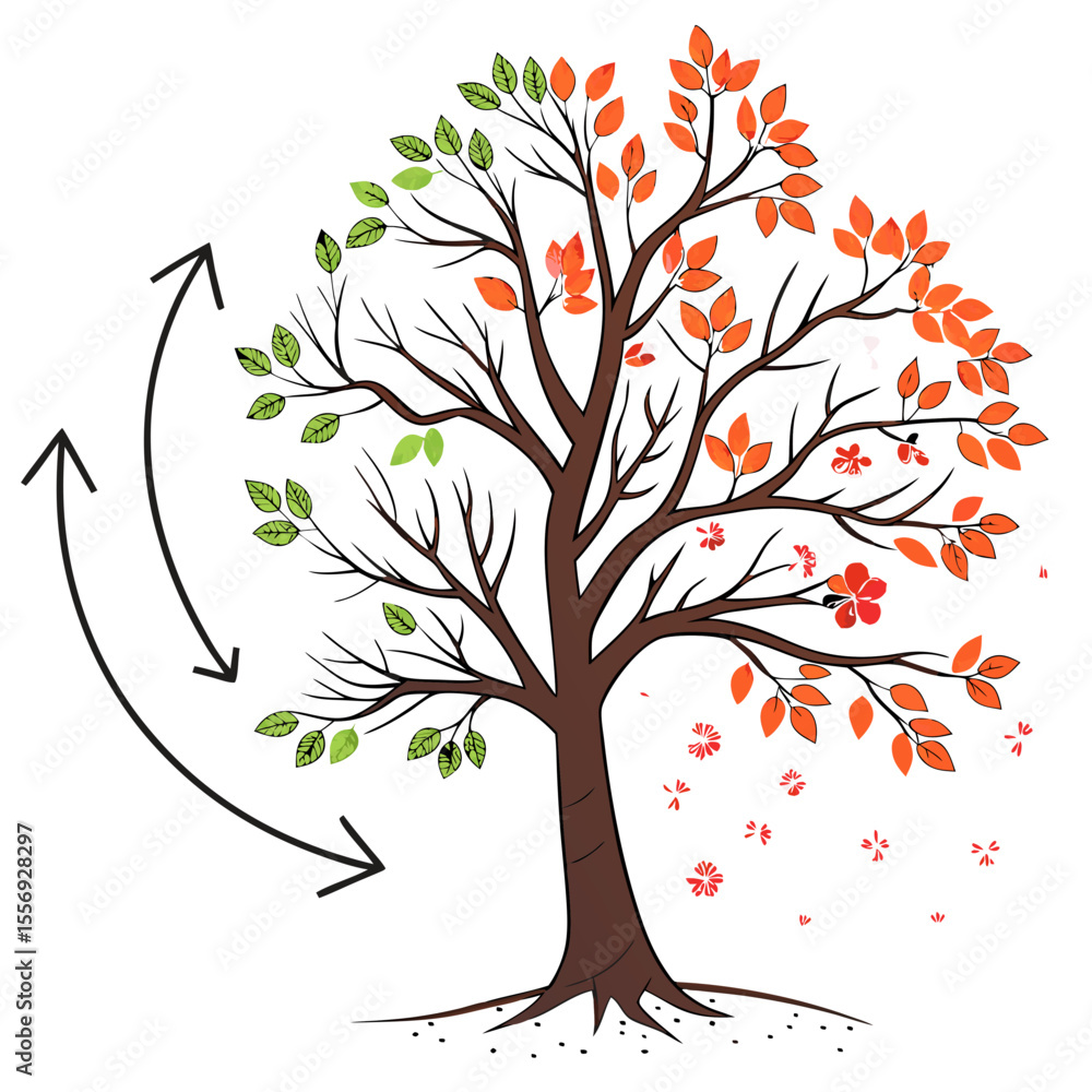 Obraz premium Tree displaying seasonal leaf changes with cyclical arrows seasons spring