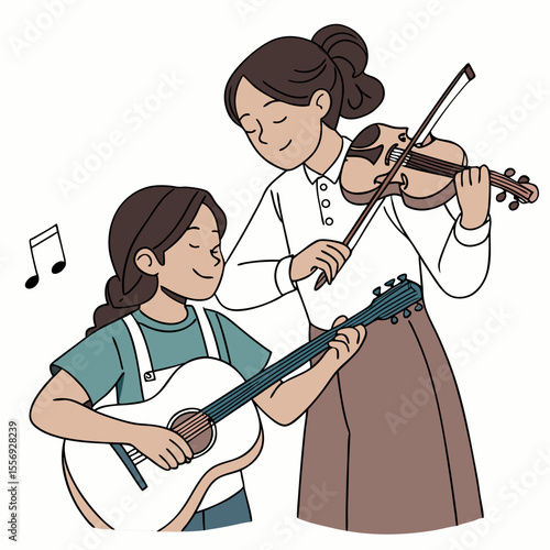 Sisters playing violin and guitar with musical notes musical instruments