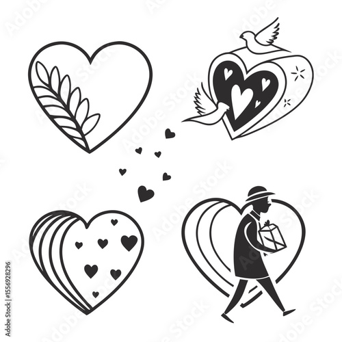 Valokuvatapetti Romantic heart icons with doves and a gift bearer love romance