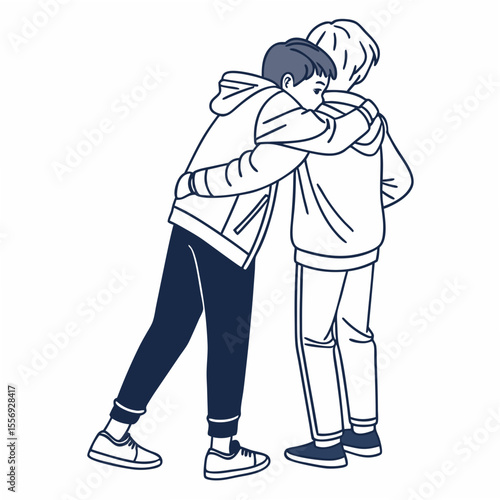 Two brothers hugging with minimalist line art embrace friendship