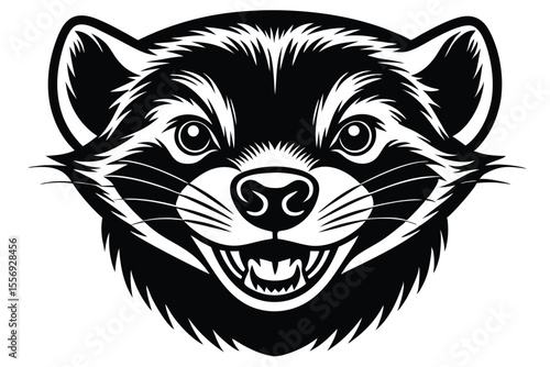 Black and white of a snarling wolverine head with sharp teeth is presented