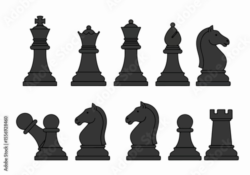Black Chess Pieces Collection - King, Queen, Bishop, Knight, Rook, Pawns Vector Icons Set on White