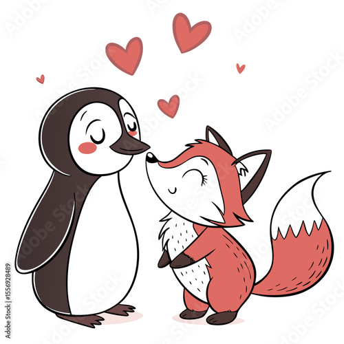 Cute penguin and fox sharing a sweet moment animal couple love