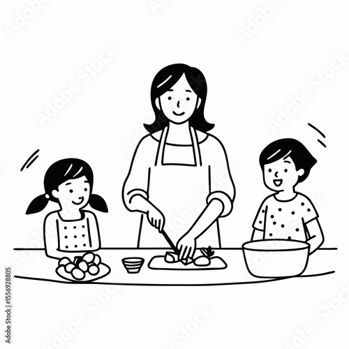 Mother and children cooking together happily kitchen family
