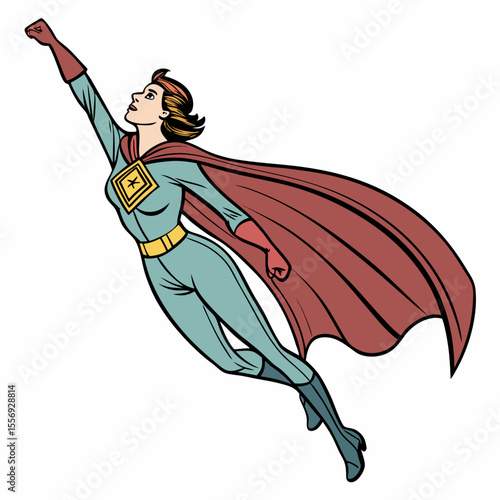 Comic book superhero woman flying with cape and emblem vector