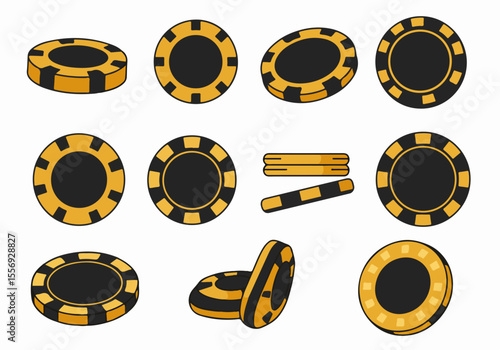 Set of Yellow and Black Poker Chips in Various Angles and Arrangements Illustration