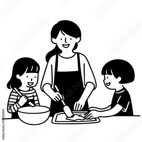 Mother and children cooking together happily family kitchen