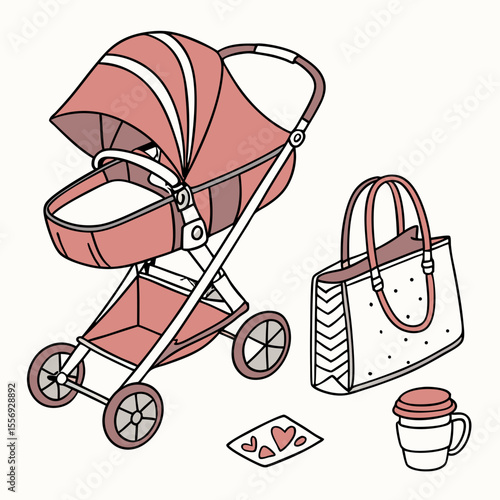 Coral stroller diaper bag coffee cup and hearts baby carriage