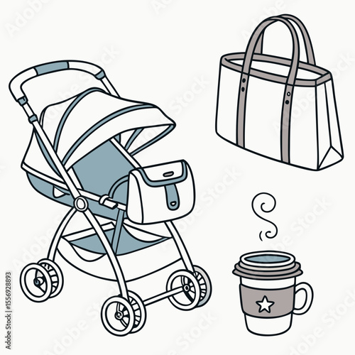 Baby stroller diaper bag and coffee cup with steam baby gear