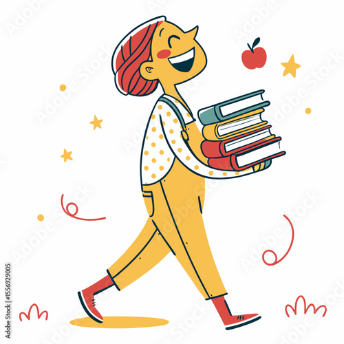 Cheerful person carrying stack of colorful books cartoon