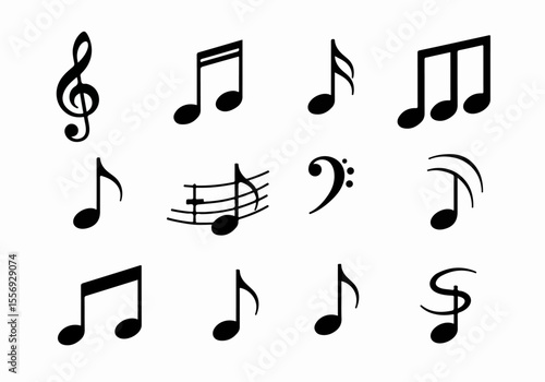 Collection of Black Music Notes and Symbols on White Background