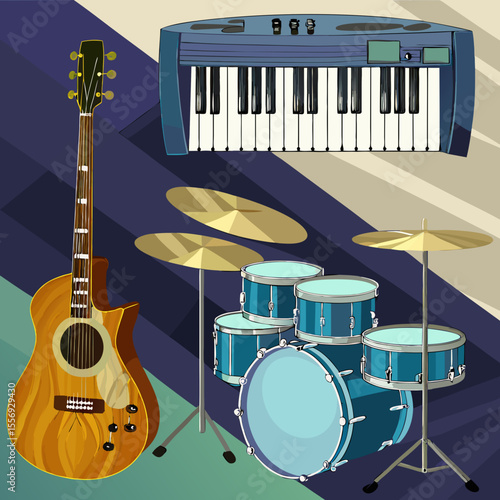 Acoustic guitar drum kit and keyboard on white background musical instruments