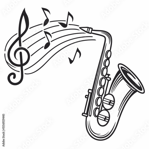 Black saxophone with musical notes and treble clef jazz