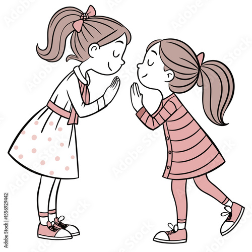Two girls in pink bowing with hands together twins greeting