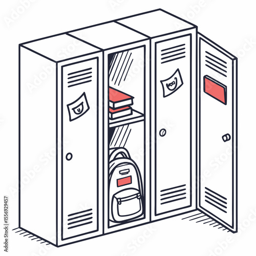 School Lockers With Backpack And Books hallway open doors