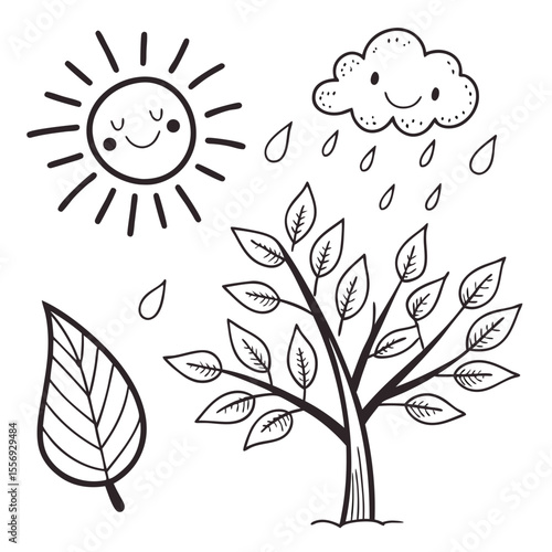Happy sun cloud rain tree leaf doodle nature icons