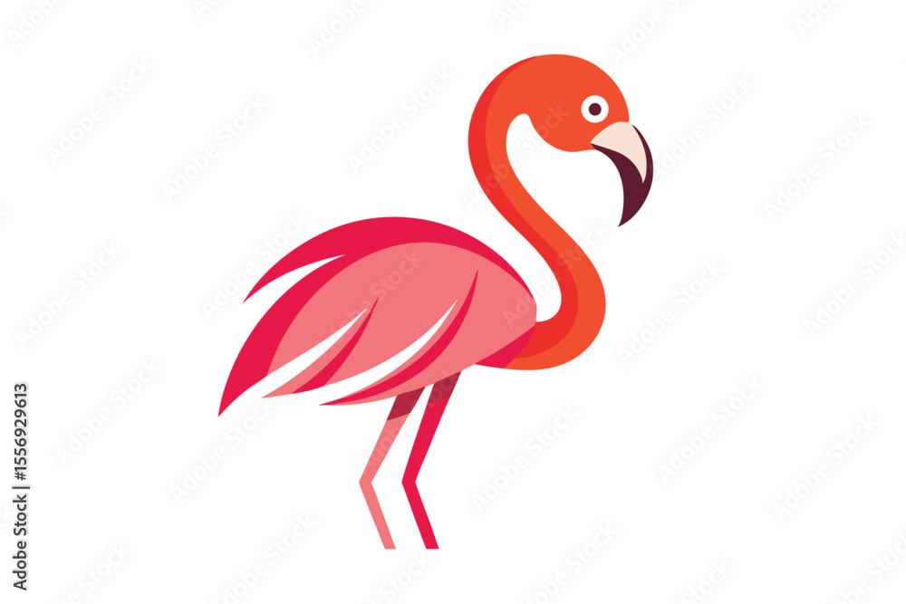 Fototapeta premium Vibrant flamingo stands gracefully, showcasing bright orange neck and soft pink plumage against white