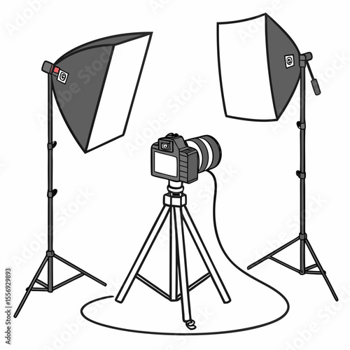 Studio lighting setup with camera and softboxes photography tripod