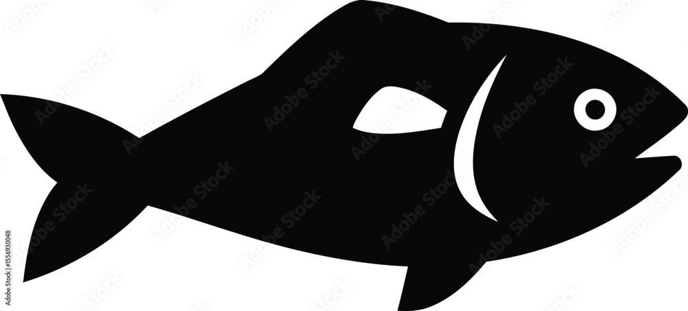 Obraz premium A black silhouette of a fish with fins and a tail, facing right.