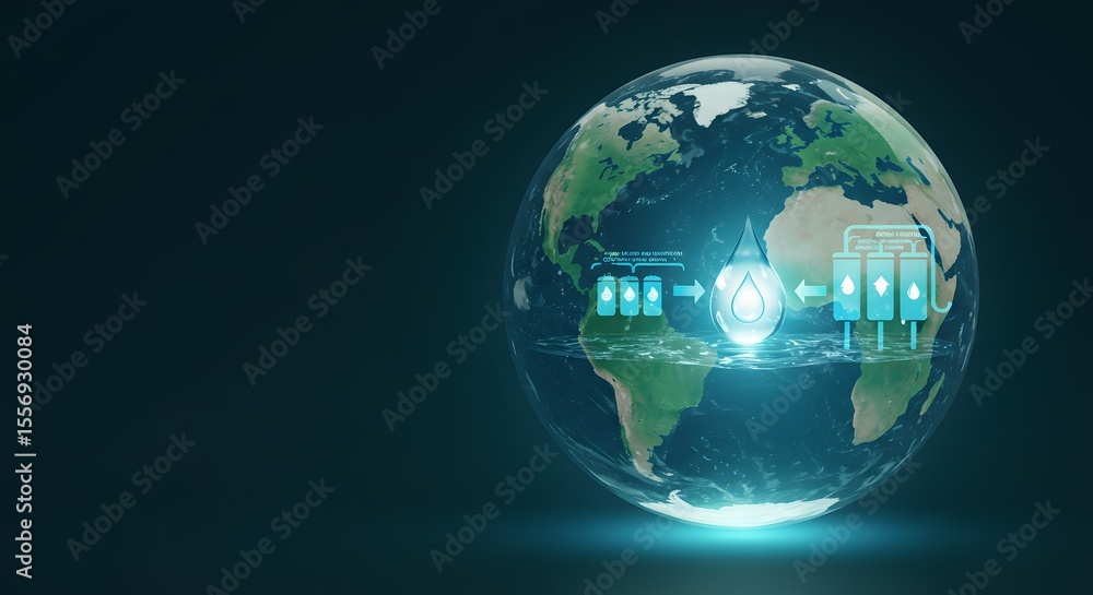 Fototapeta premium Futuristic concept of a global water and energy cycle. Digital illustration of planet Earth with glowing icons showing sustainable technology for water security.
