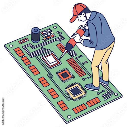 Technician repairing electronic circuit board with soldering tool vector