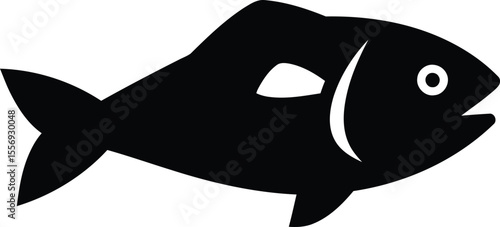 A black silhouette of a fish with fins and a tail, facing right.