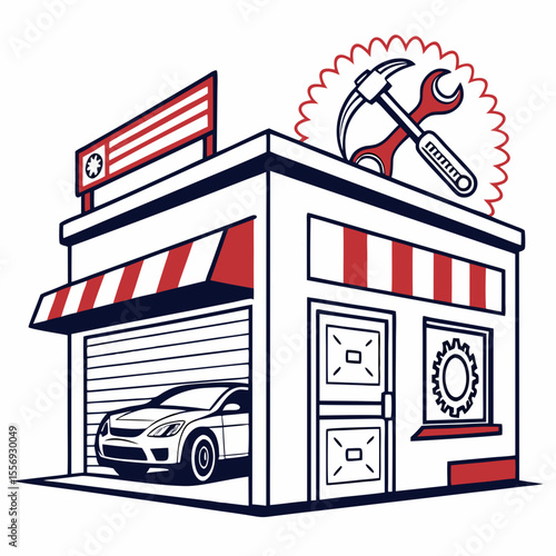 Red white blue garage building with car and tools vehicle repair