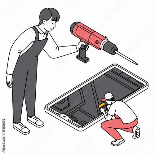 Technicians fixing electronic device with tools electronic repair tablet