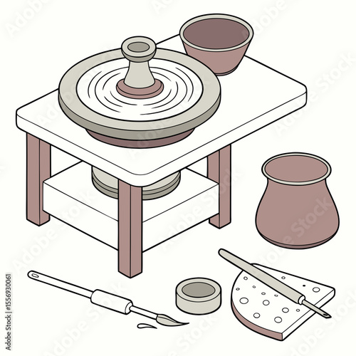Pottery wheel with clay tools and unfinished pots vector