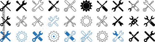 Comprehensive set of wrench, screwdriver, and gear icons in various styles, ideal for repair, settings, tools, engineering, and maintenance concepts.