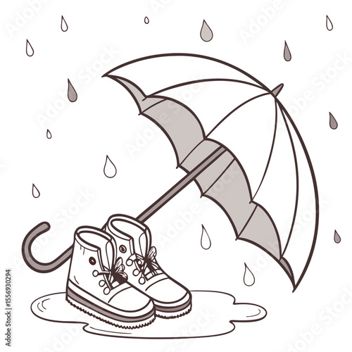 Rainy day scene with boots and umbrella puddle raindrops