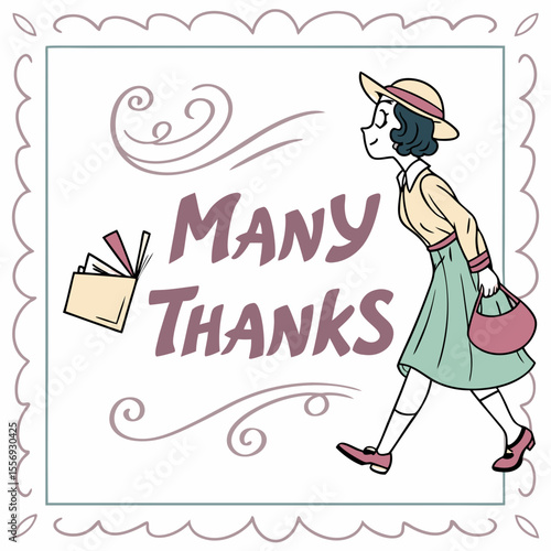 Woman walking with purse and books many thanks greeting vector