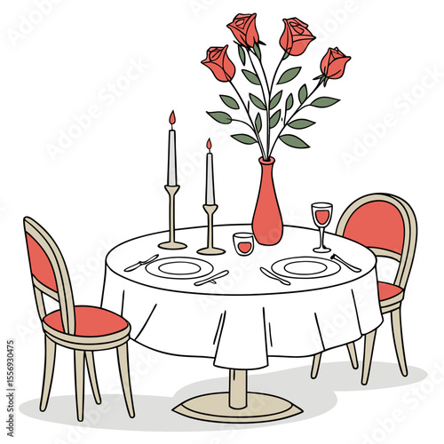 Romantic dinner table with roses and candles setting