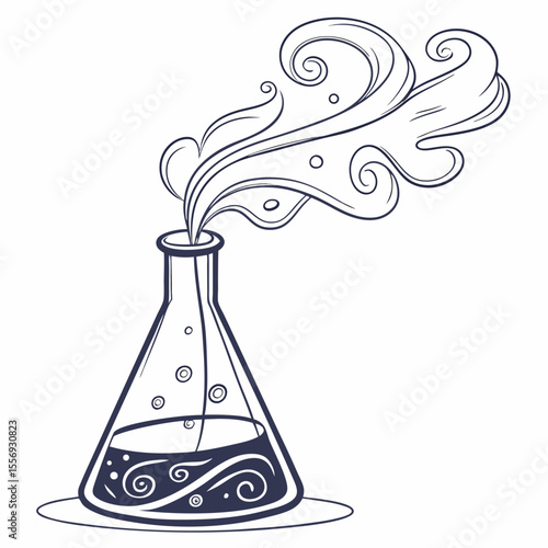 Dark blue flask emitting swirling vapor and bubbles science beaker